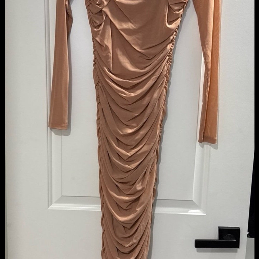 Fashion Nova Gold Ruched Long Sleeve Bodycon Dress